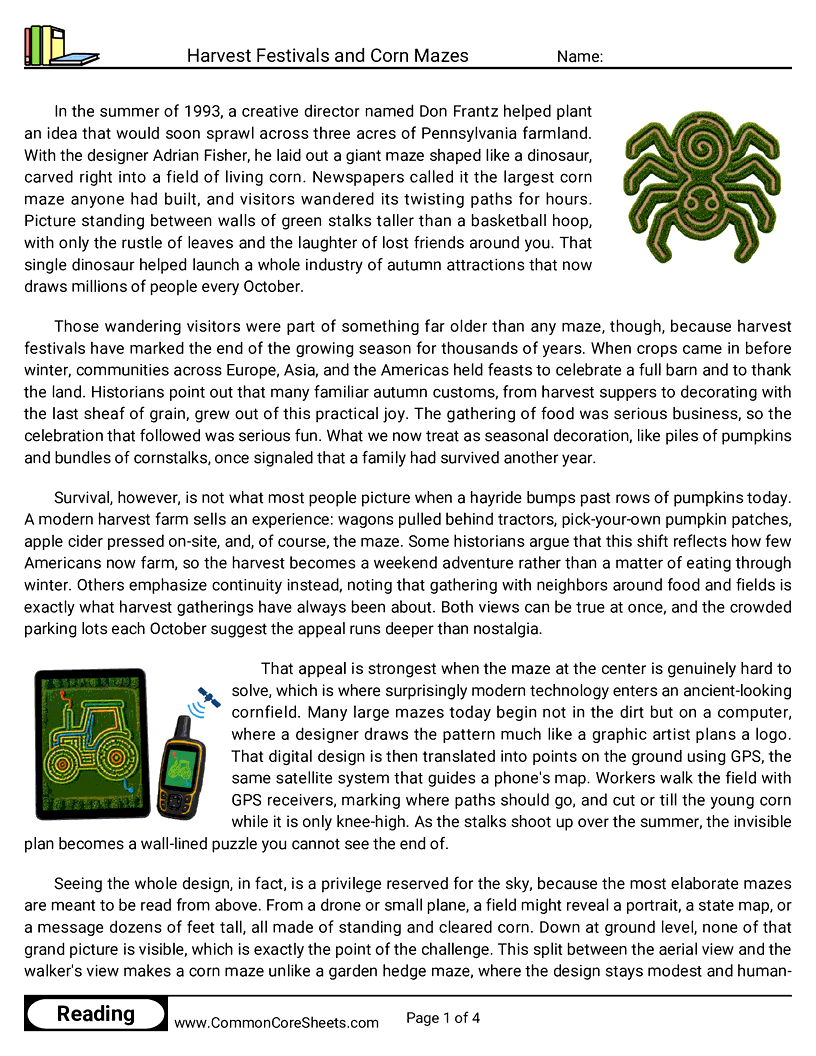 8th Grade 31 Days of Halloween Reading - Harvest Festivals and Corn Mazes worksheet