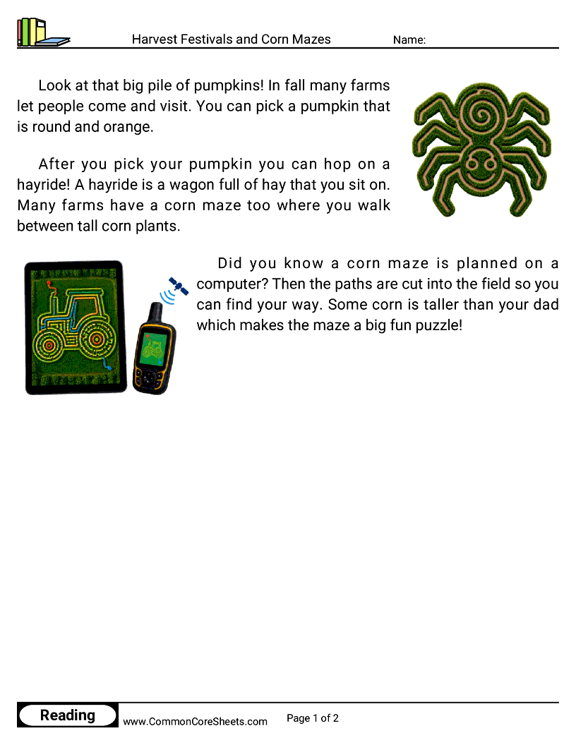 Kindergarten 31 Days of Halloween Reading - Harvest Festivals and Corn Mazes worksheet
