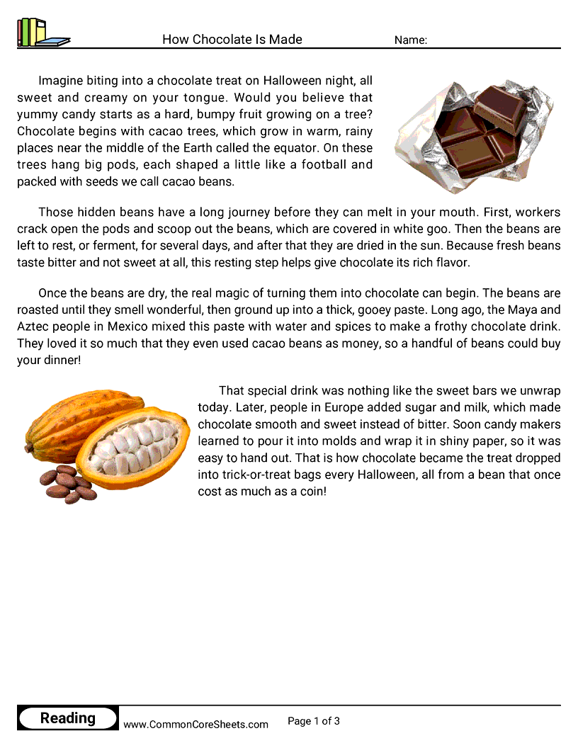 3rd Grade 31 Days of Halloween Reading - How Chocolate Is Made worksheet