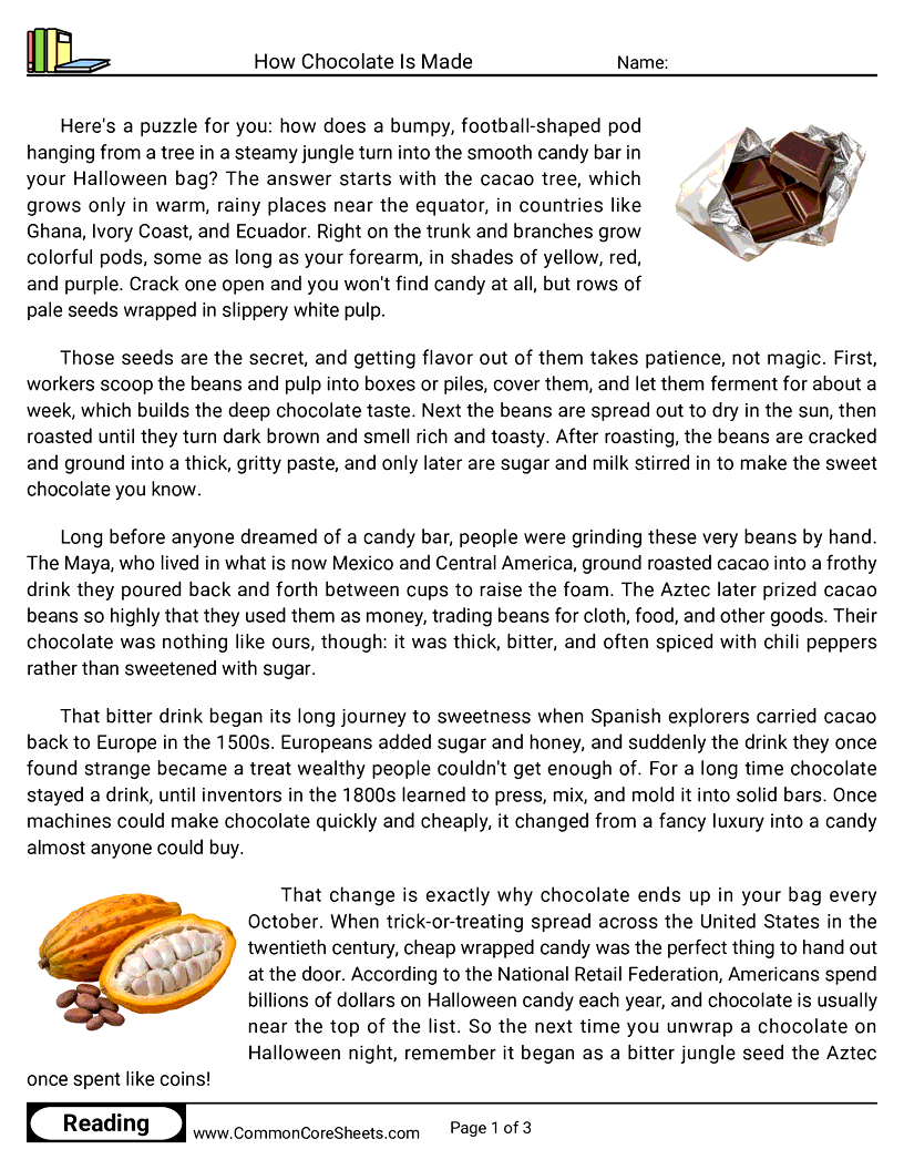 5th Grade 31 Days of Halloween Reading - How Chocolate Is Made worksheet