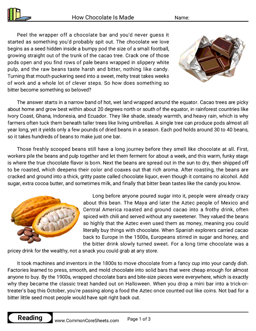 6th Grade 31 Days of Halloween Reading - How Chocolate Is Made worksheet