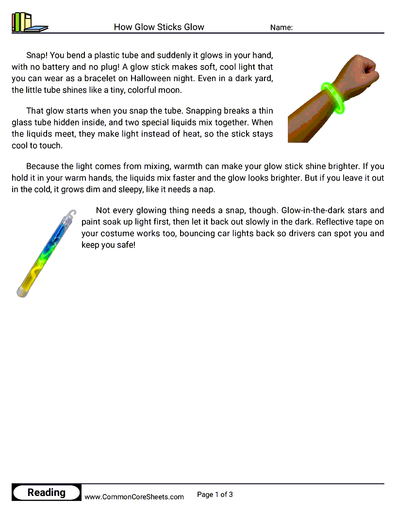 2nd Grade 31 Days of Halloween Reading - How Glow Sticks Glow worksheet