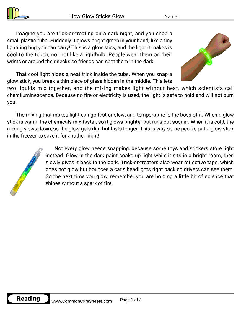 3rd Grade 31 Days of Halloween Reading - How Glow Sticks Glow worksheet