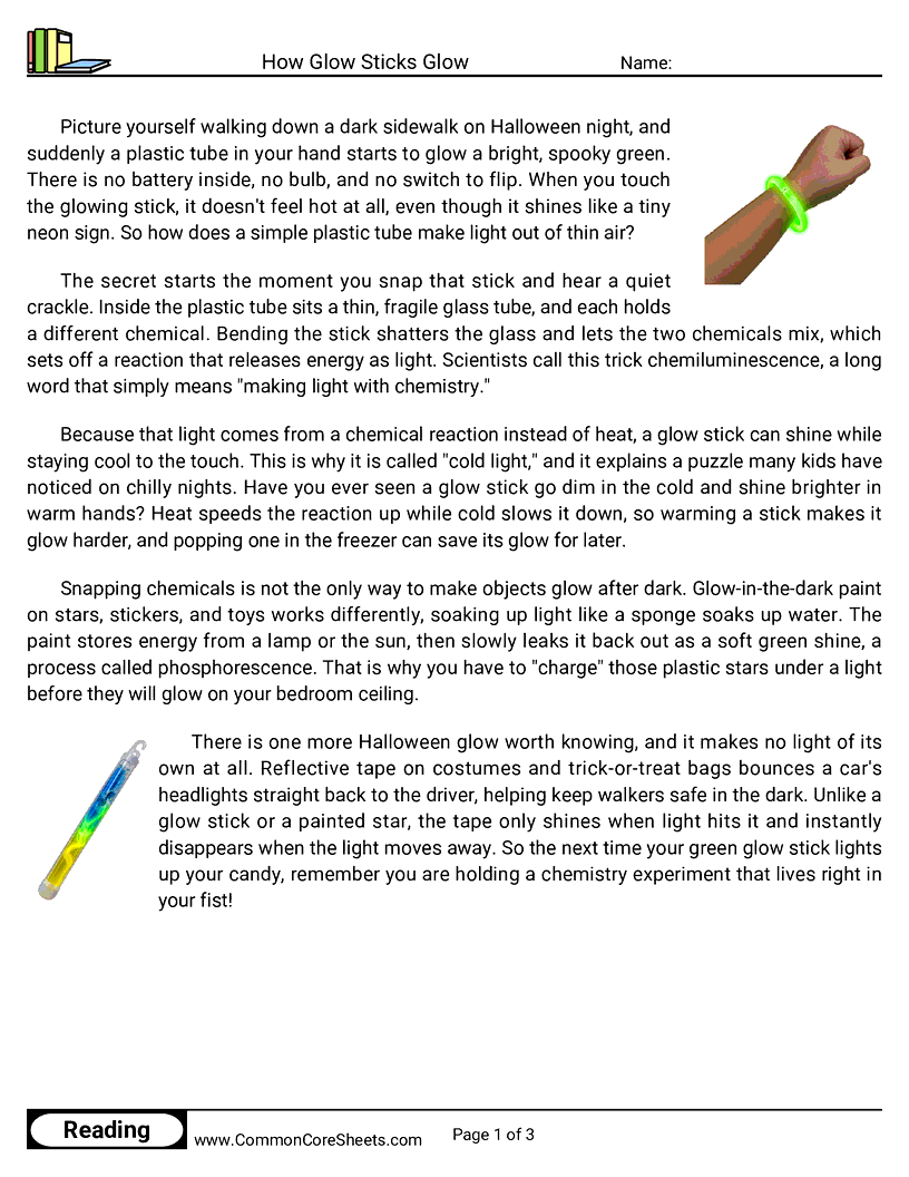 5th Grade 31 Days of Halloween Reading - How Glow Sticks Glow worksheet