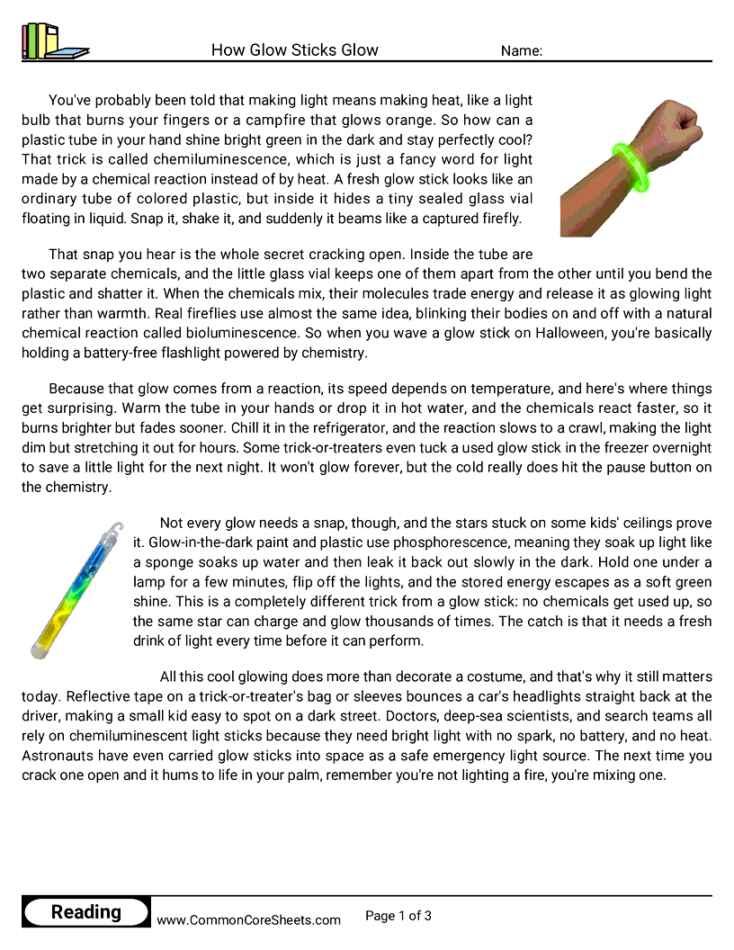 6th Grade 31 Days of Halloween Reading - How Glow Sticks Glow worksheet