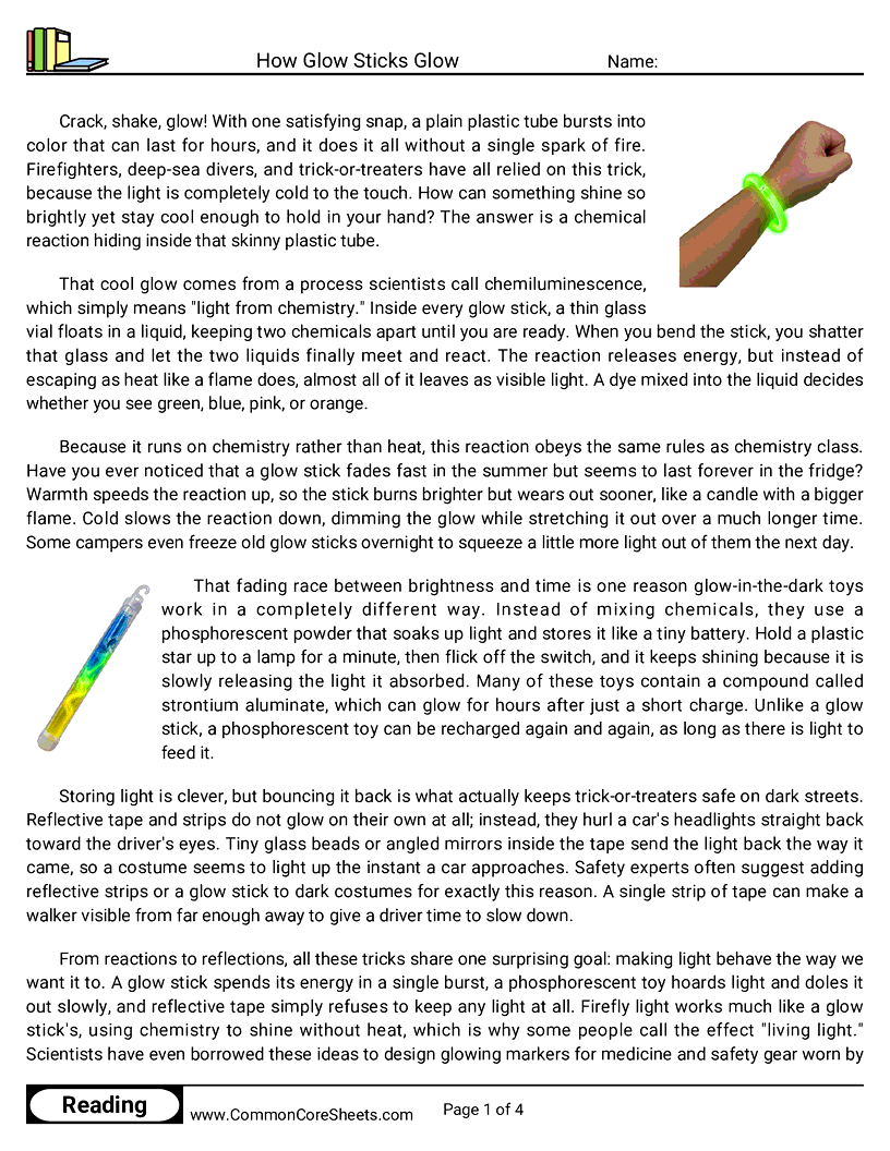 7th Grade 31 Days of Halloween Reading - How Glow Sticks Glow worksheet