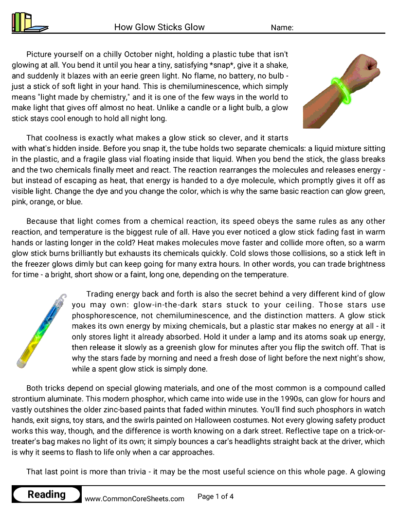 8th Grade 31 Days of Halloween Reading - How Glow Sticks Glow worksheet