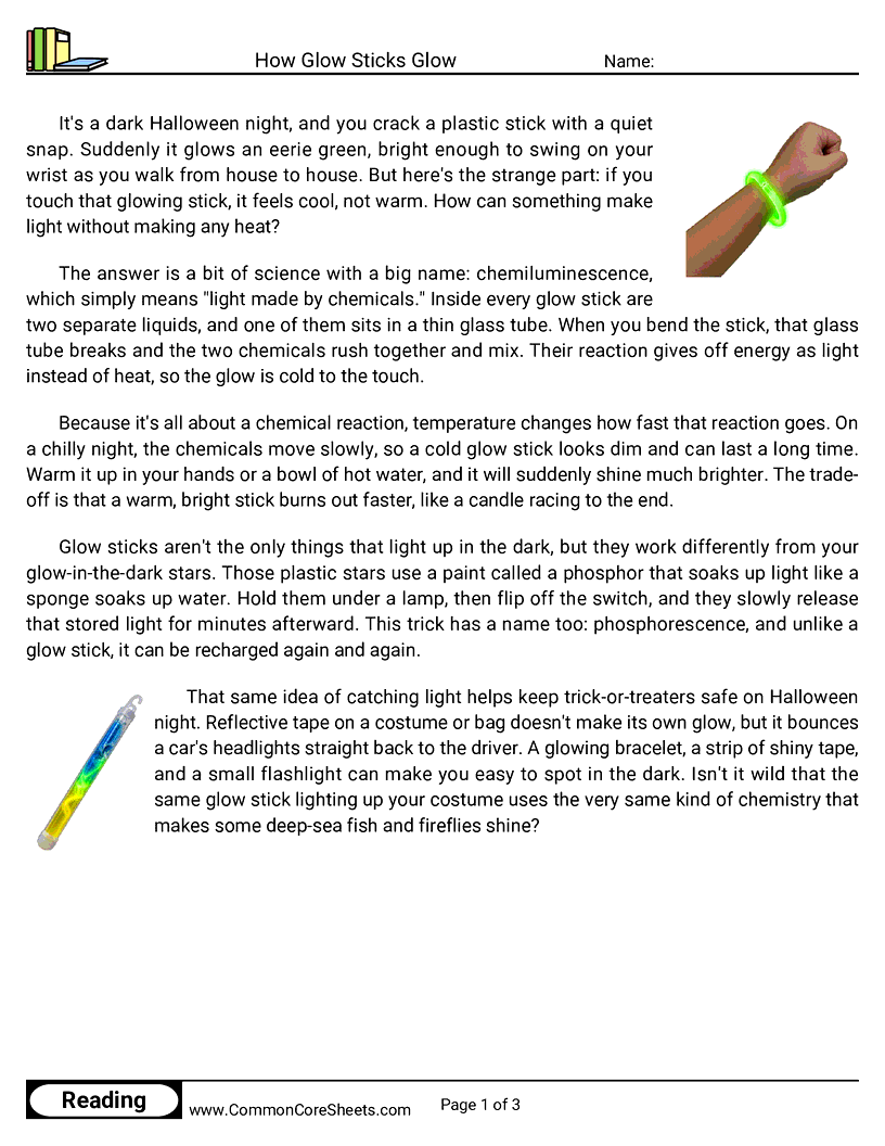 31 Days of Halloween Reading - How Glow Sticks Glow worksheet
