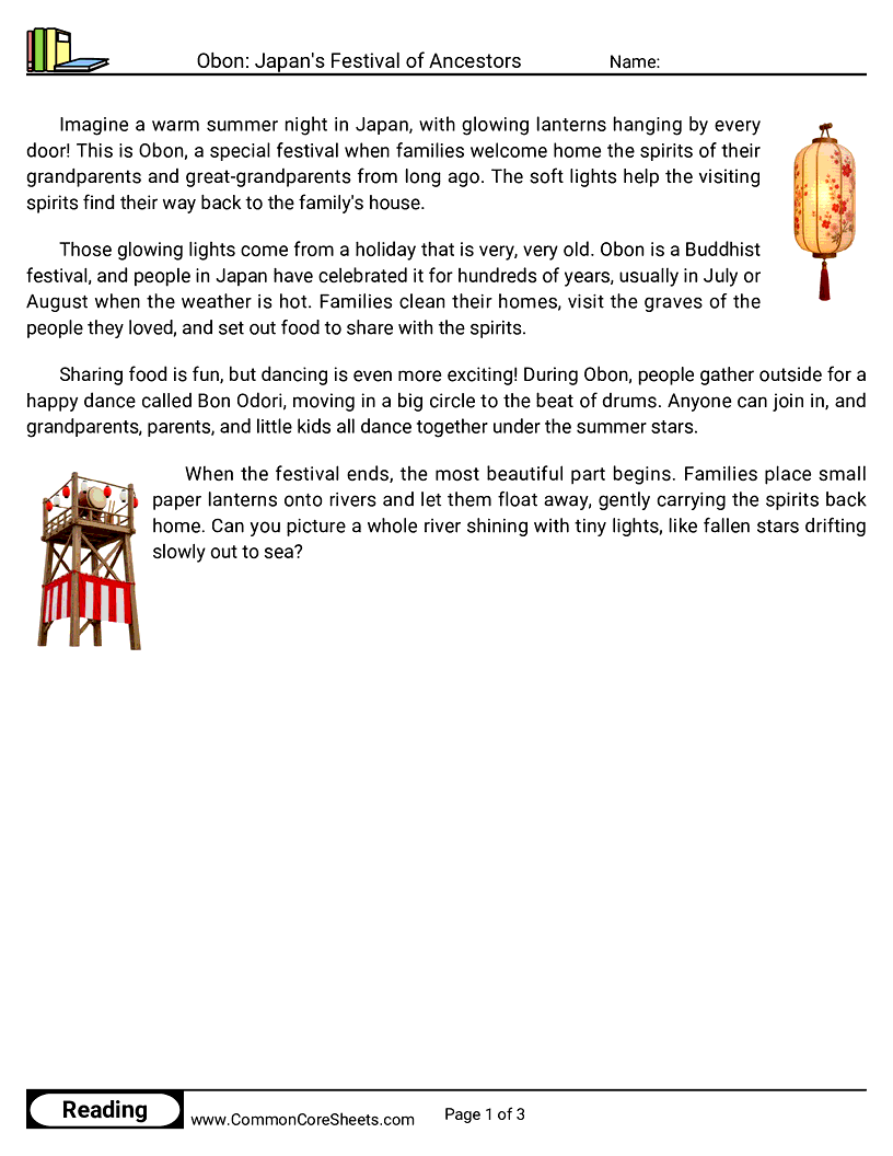 2nd Grade 31 Days of Halloween Reading - Obon: Japan's Festival of Ancestors worksheet