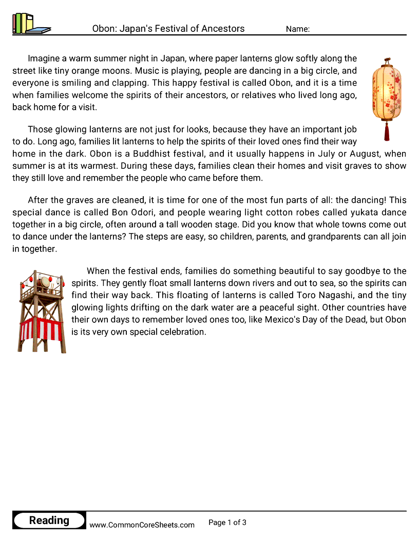 3rd Grade 31 Days of Halloween Reading - Obon: Japan's Festival of Ancestors worksheet