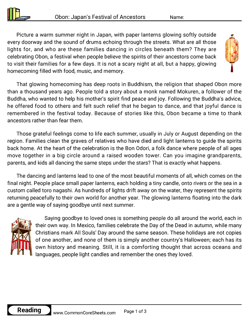 5th Grade 31 Days of Halloween Reading - Obon: Japan's Festival of Ancestors worksheet