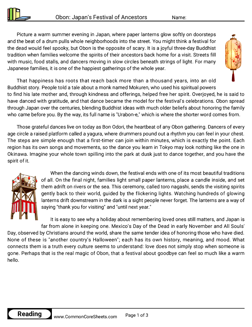 6th Grade 31 Days of Halloween Reading - Obon: Japan's Festival of Ancestors worksheet