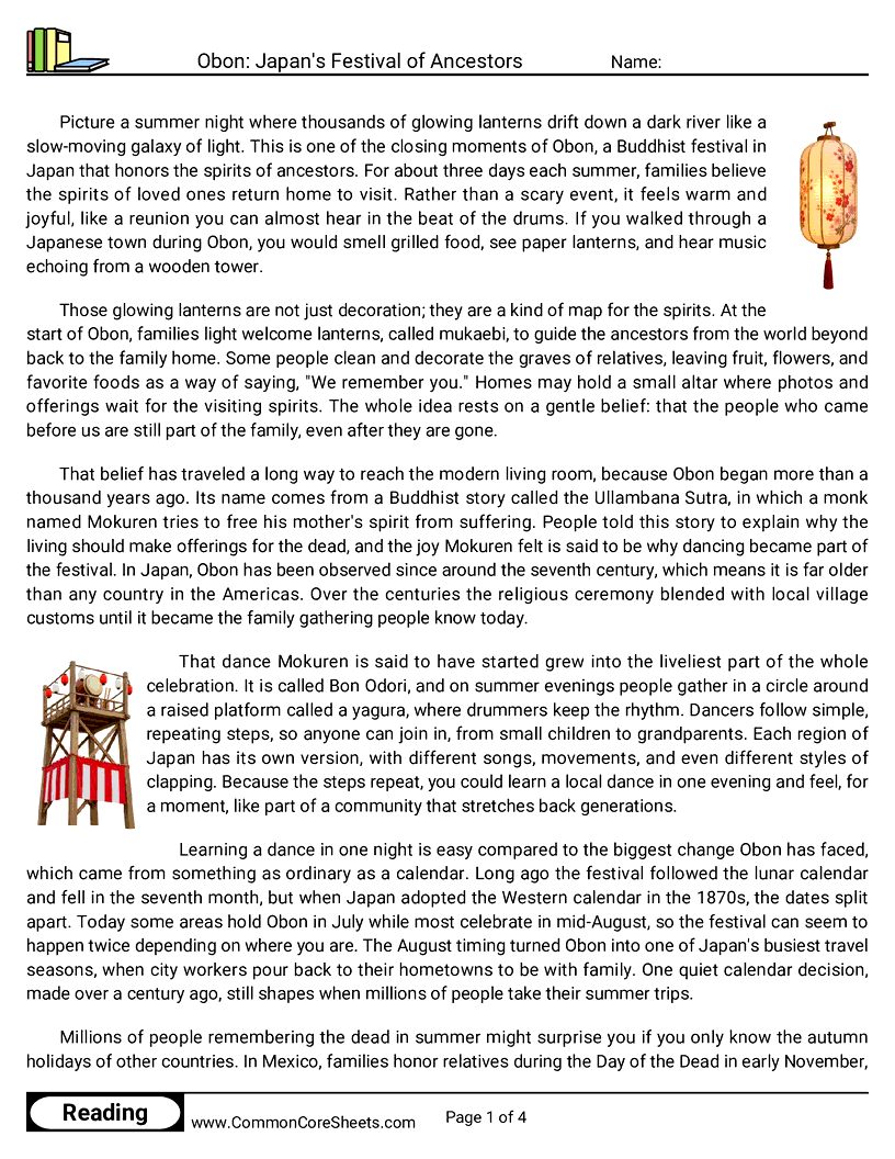 7th Grade 31 Days of Halloween Reading - Obon: Japan's Festival of Ancestors worksheet