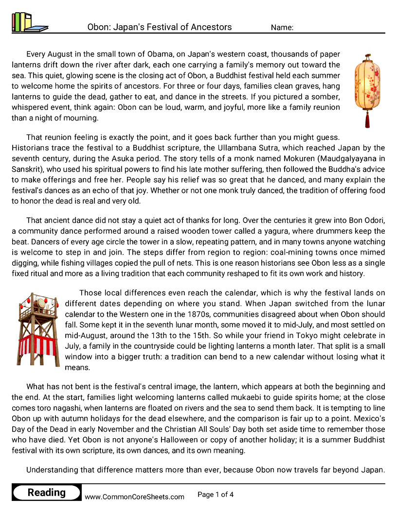 8th Grade 31 Days of Halloween Reading - Obon: Japan's Festival of Ancestors worksheet