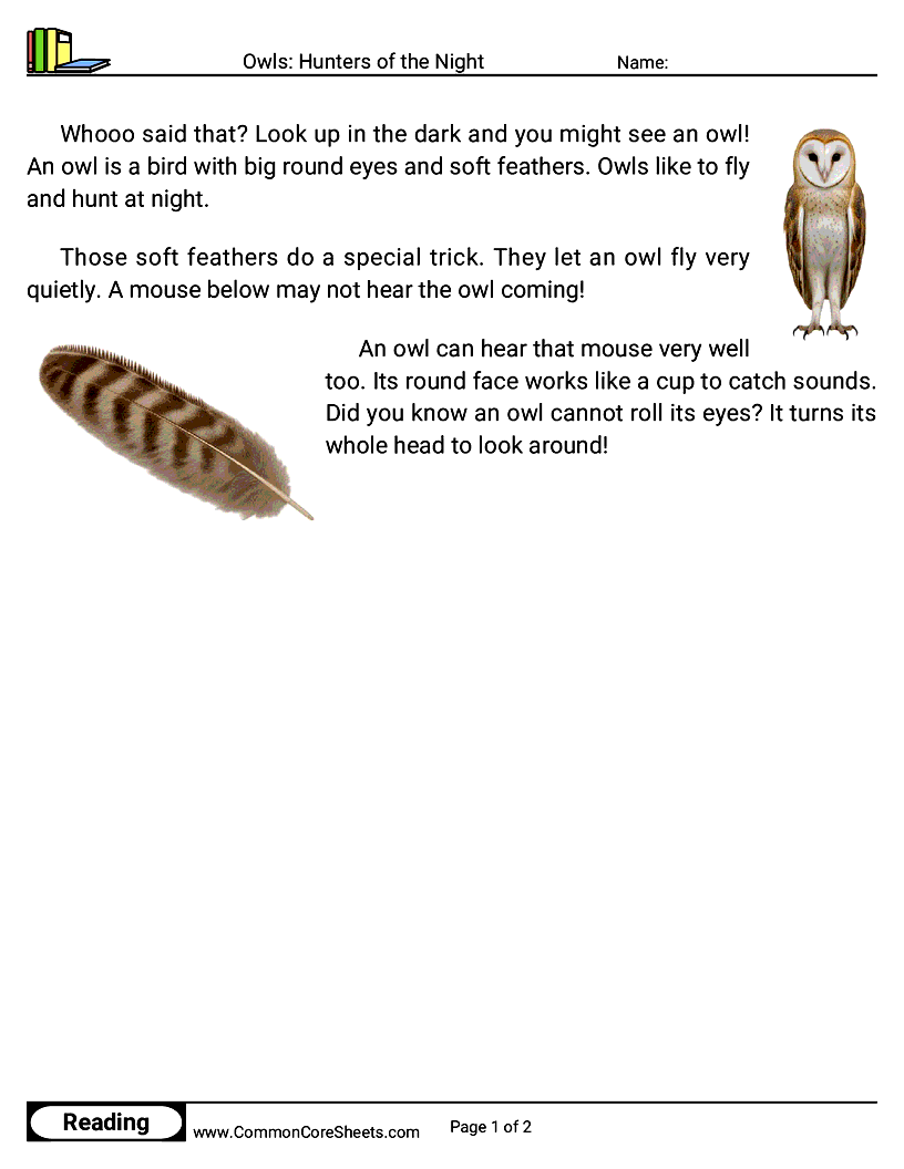 Kindergarten 31 Days of Halloween Reading - Owls: Hunters of the Night worksheet