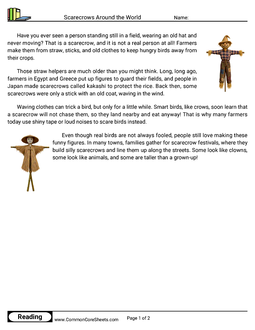 2nd Grade 31 Days of Halloween Reading - Scarecrows Around the World worksheet