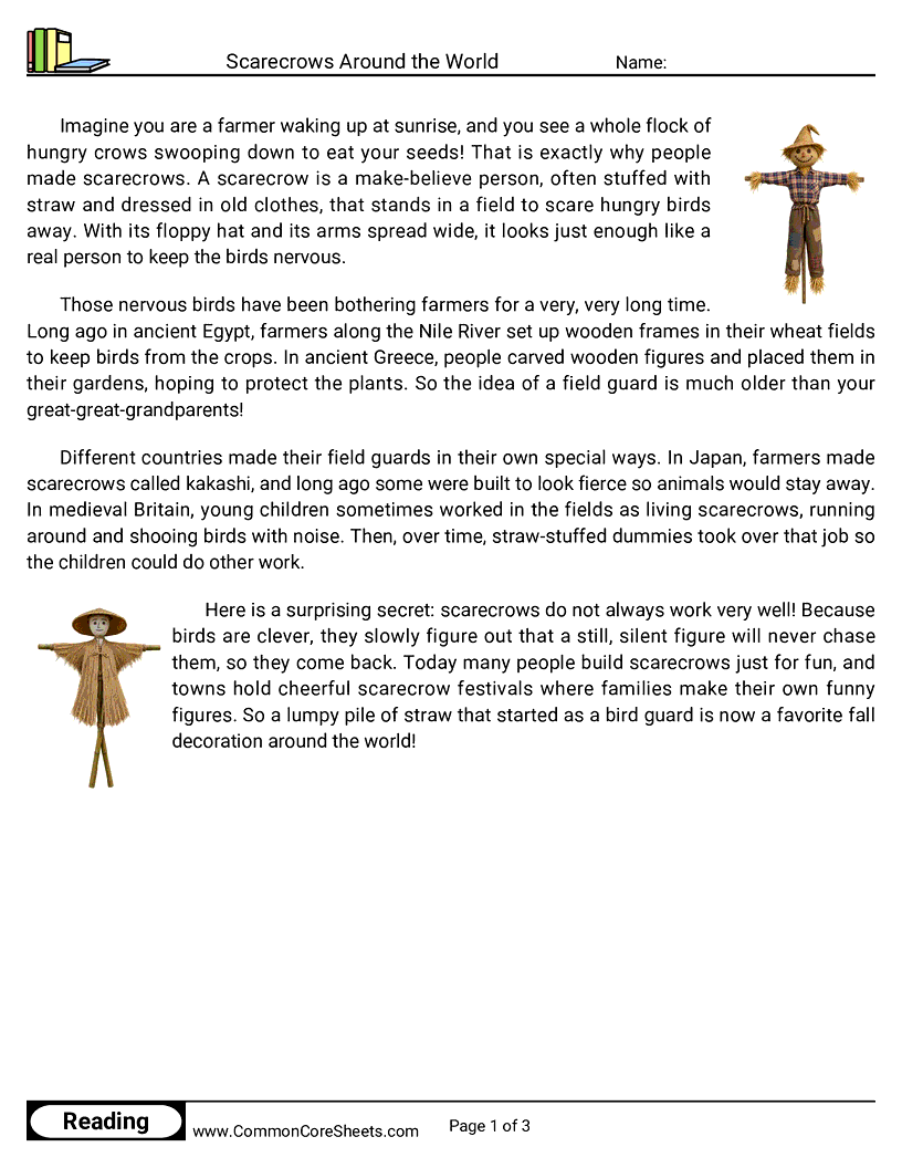 3rd Grade 31 Days of Halloween Reading - Scarecrows Around the World worksheet