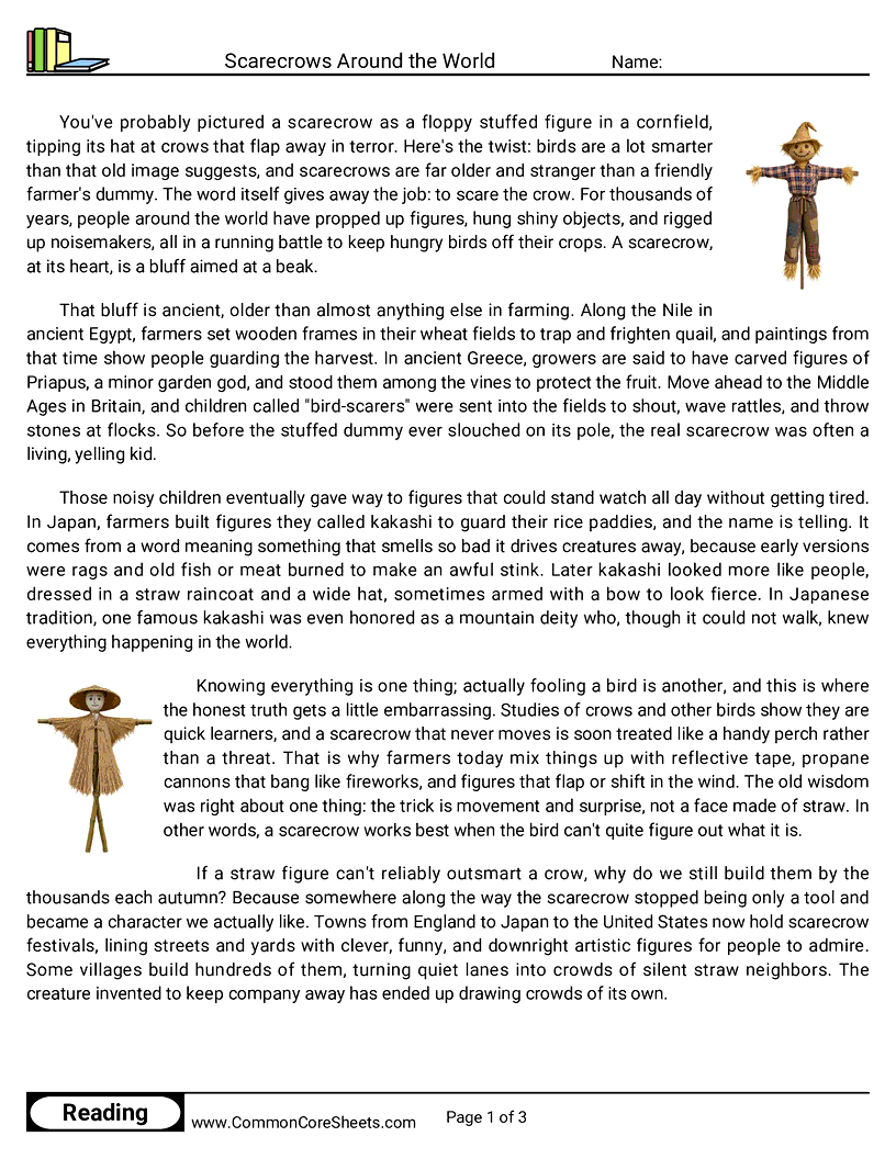 6th Grade 31 Days of Halloween Reading - Scarecrows Around the World worksheet