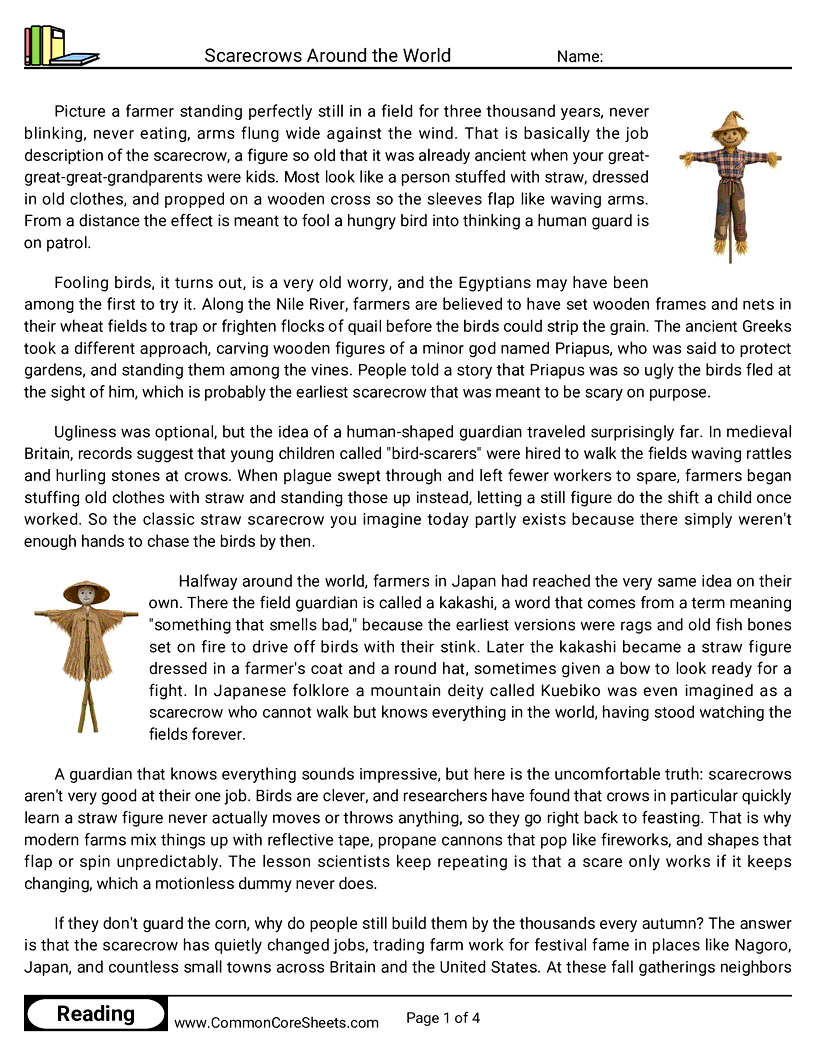 7th Grade 31 Days of Halloween Reading - Scarecrows Around the World worksheet