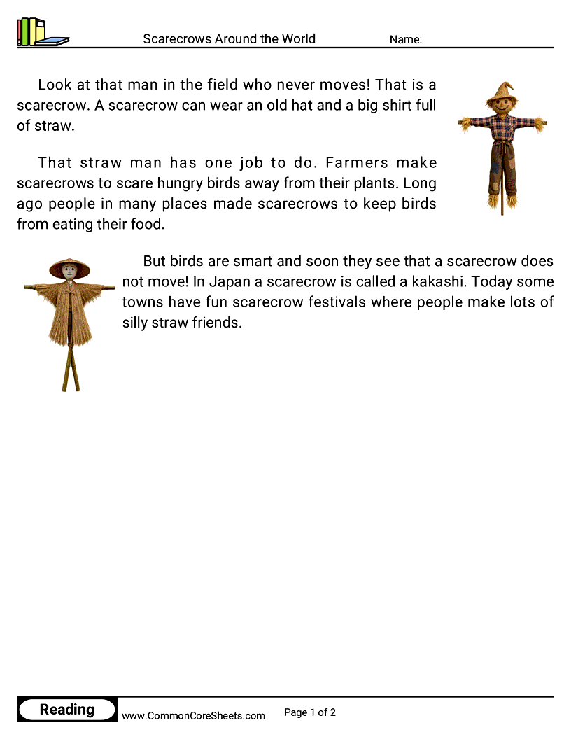 Kindergarten 31 Days of Halloween Reading - Scarecrows Around the World worksheet
