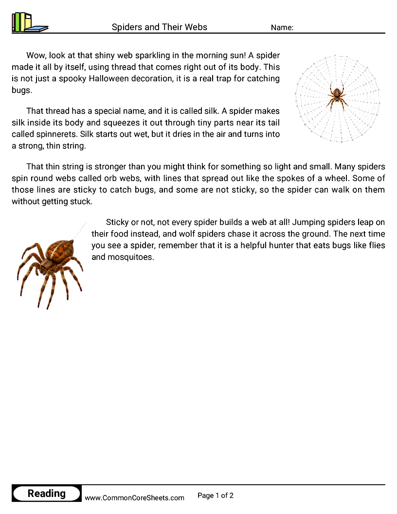 2nd Grade 31 Days of Halloween Reading - Spiders and Their Webs worksheet