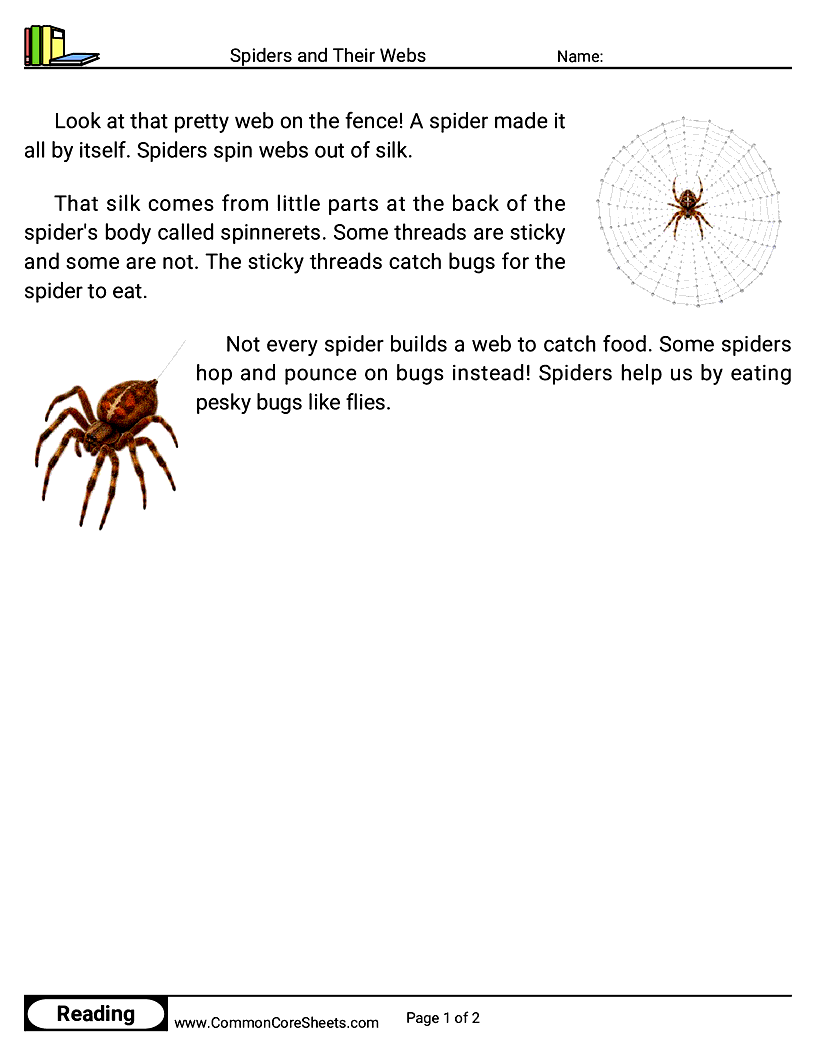 Kindergarten 31 Days of Halloween Reading - Spiders and Their Webs worksheet