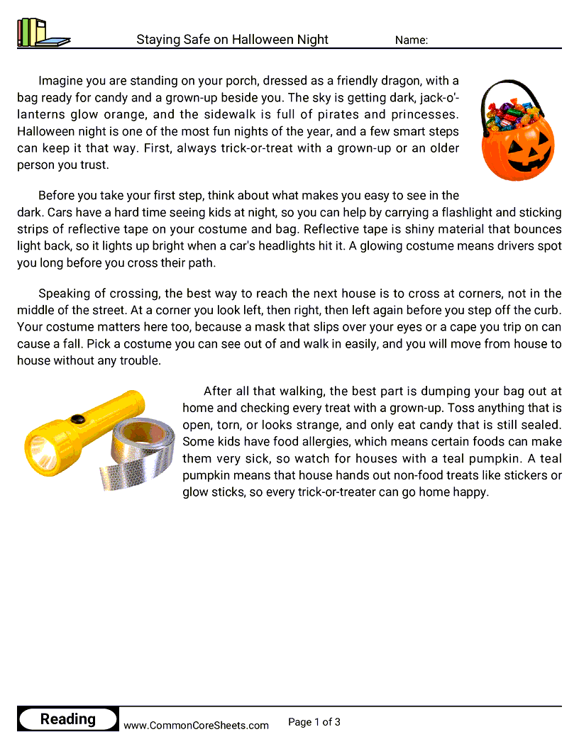3rd Grade 31 Days of Halloween Reading - Staying Safe on Halloween Night worksheet