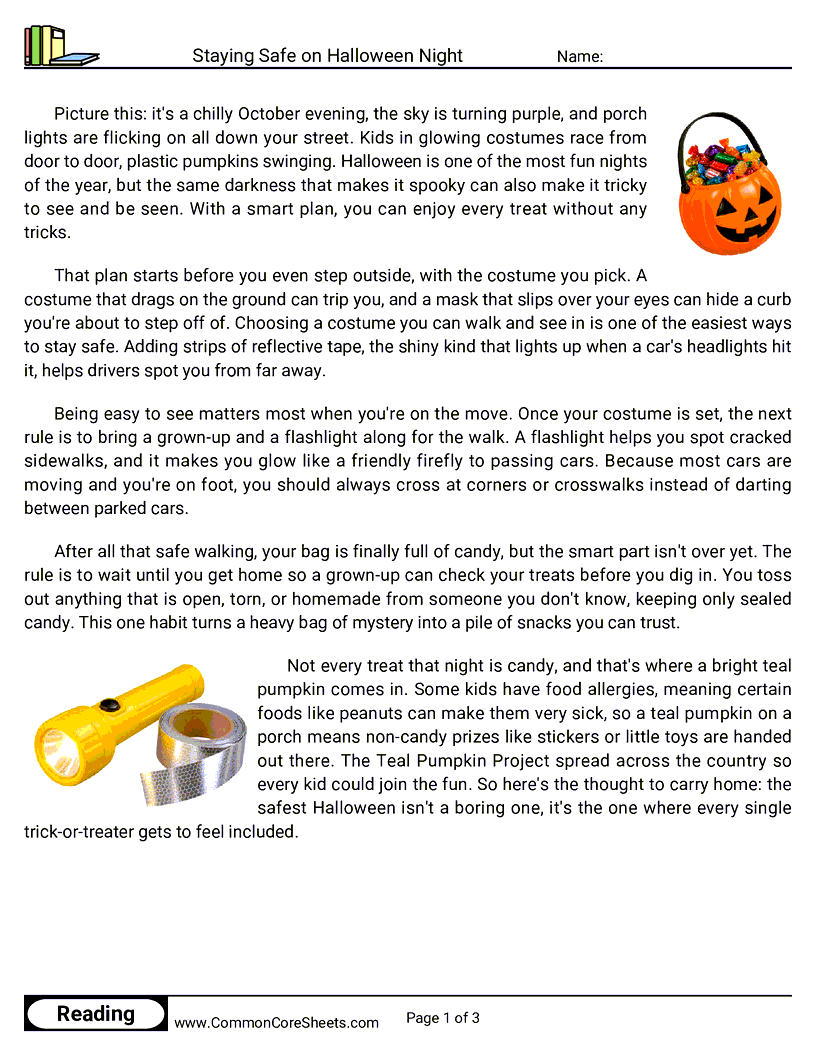 4th Grade 31 Days of Halloween Reading - Staying Safe on Halloween Night worksheet
