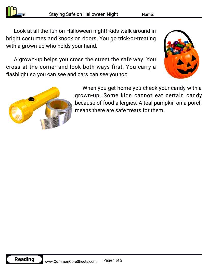 Kindergarten 31 Days of Halloween Reading - Staying Safe on Halloween Night worksheet
