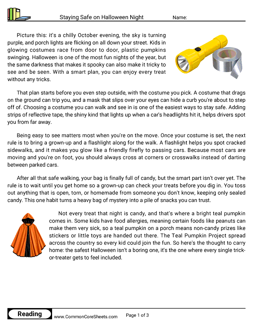31 Days of Halloween Reading - Staying Safe on Halloween Night worksheet