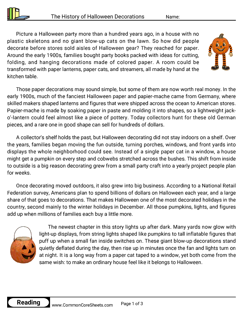 5th Grade 31 Days of Halloween Reading - The History of Halloween Decorations worksheet