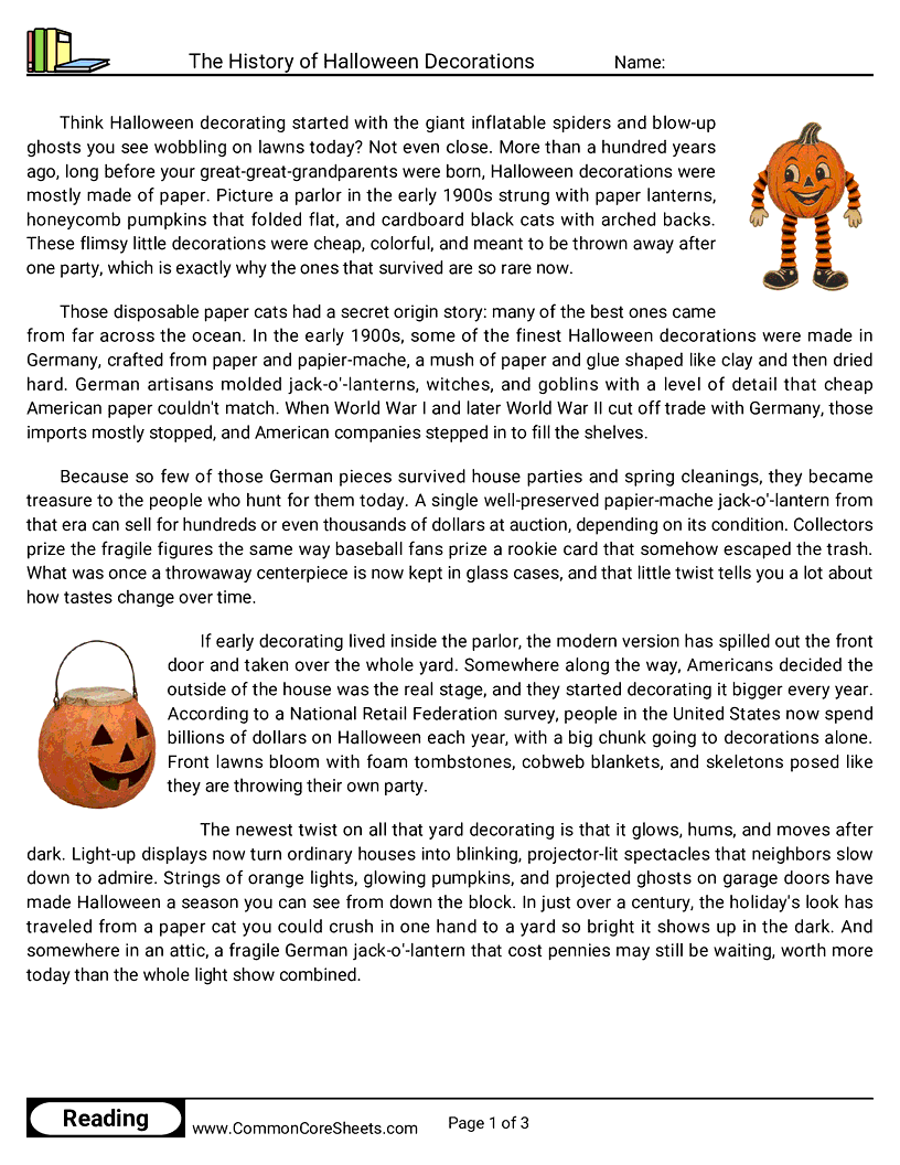 6th Grade 31 Days of Halloween Reading - The History of Halloween Decorations worksheet