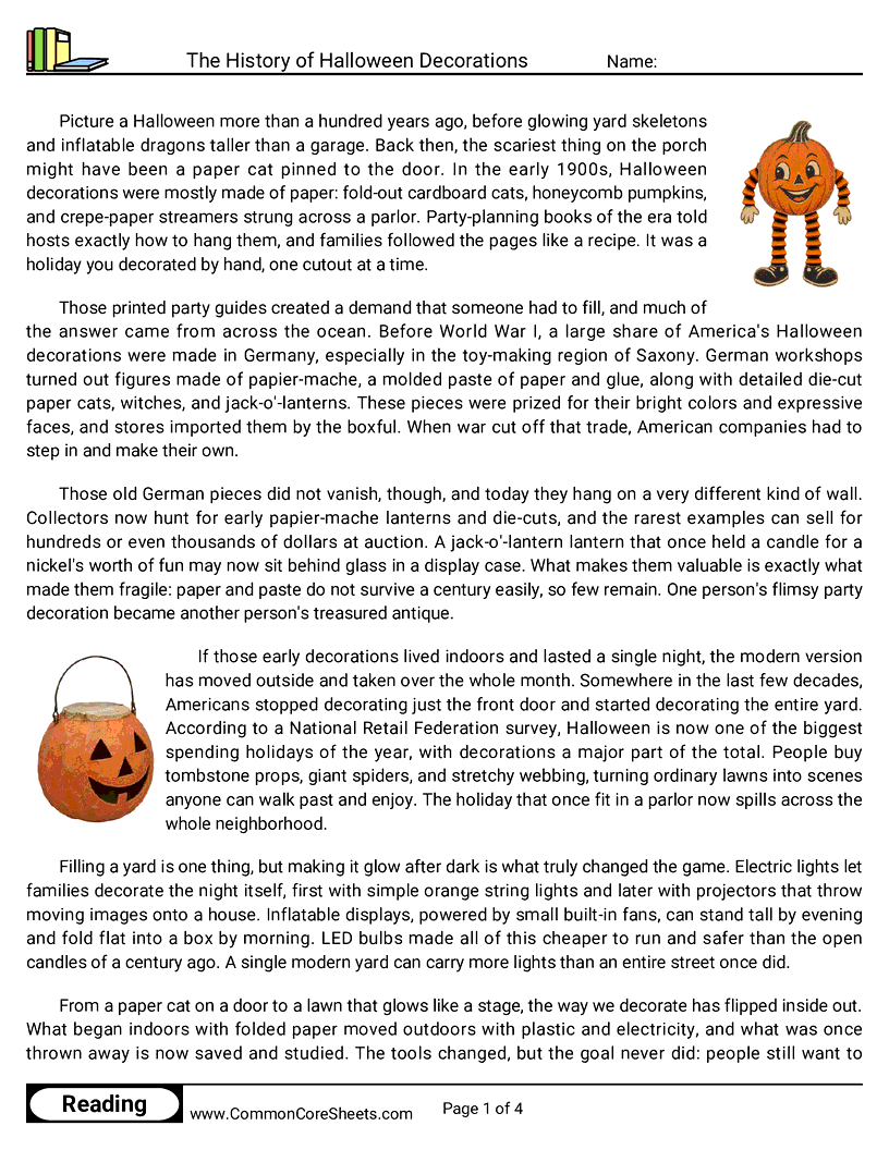 7th Grade 31 Days of Halloween Reading - The History of Halloween Decorations worksheet