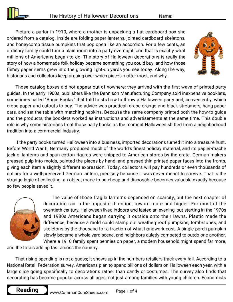 8th Grade 31 Days of Halloween Reading - The History of Halloween Decorations worksheet