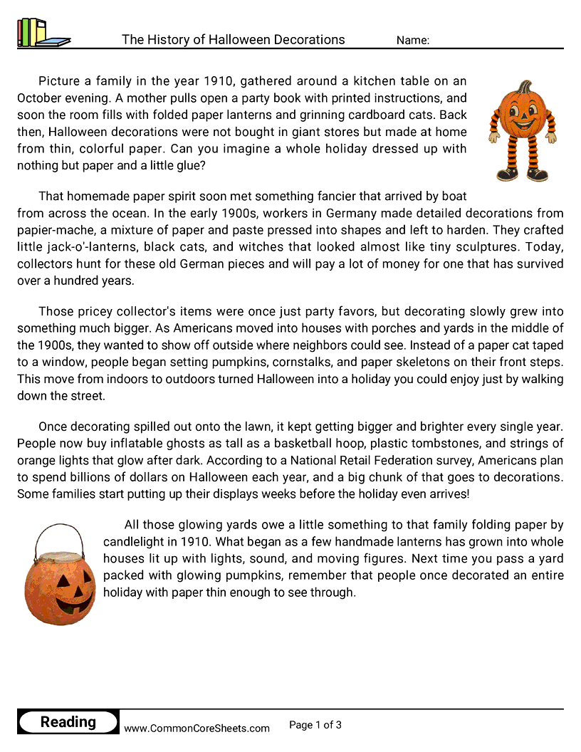31 Days of Halloween Reading - The History of Halloween Decorations worksheet