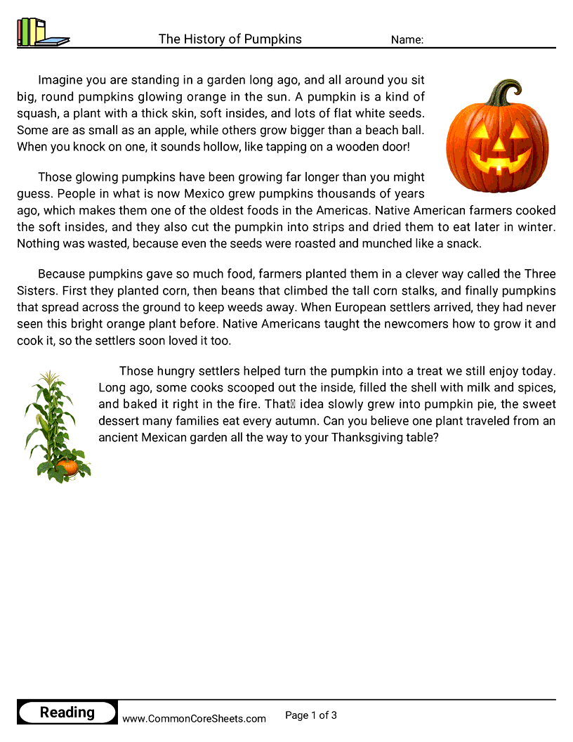 3rd Grade 31 Days of Halloween Reading - The History of Pumpkins worksheet
