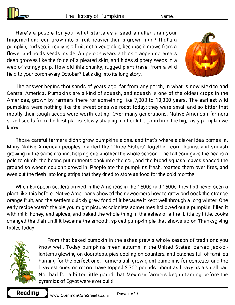 5th Grade 31 Days of Halloween Reading - The History of Pumpkins worksheet