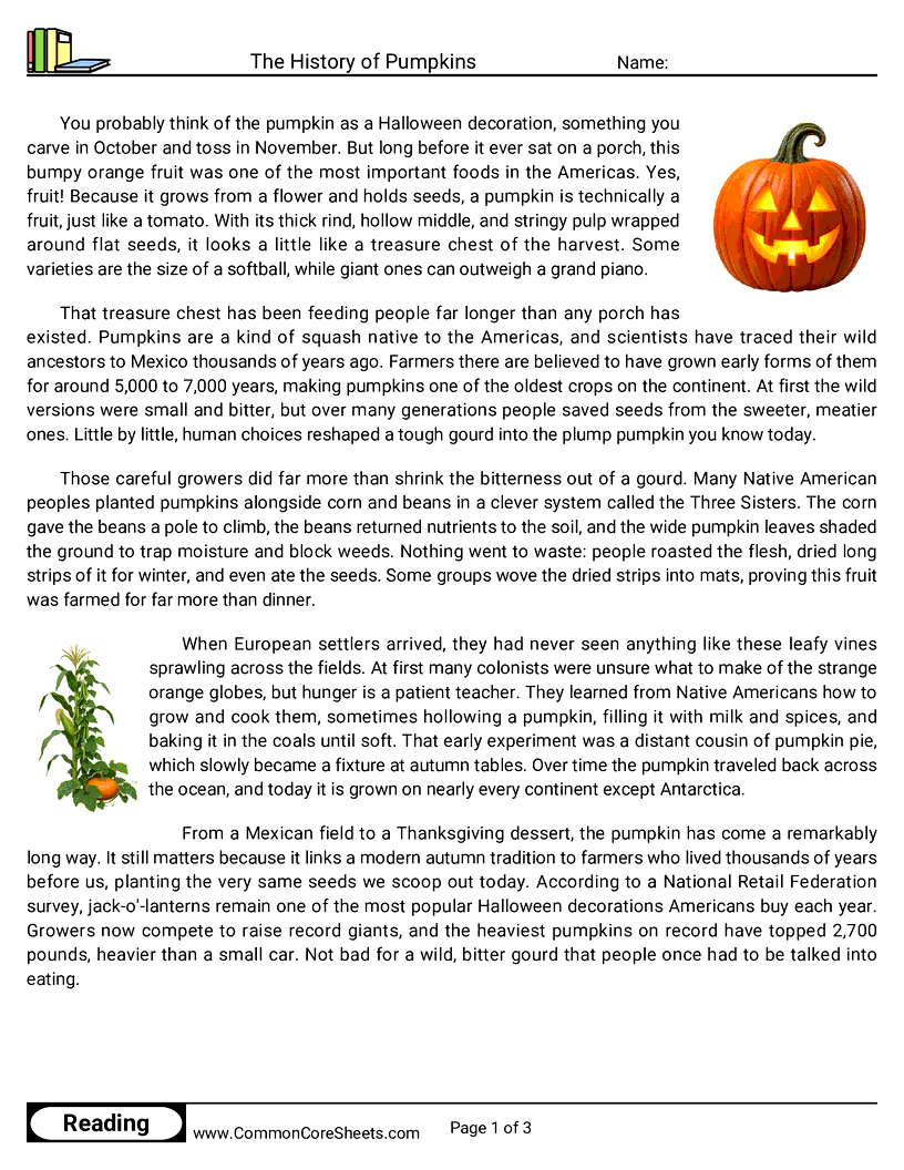6th Grade 31 Days of Halloween Reading - The History of Pumpkins worksheet