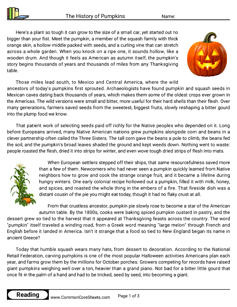 7th Grade 31 Days of Halloween Reading - The History of Pumpkins worksheet