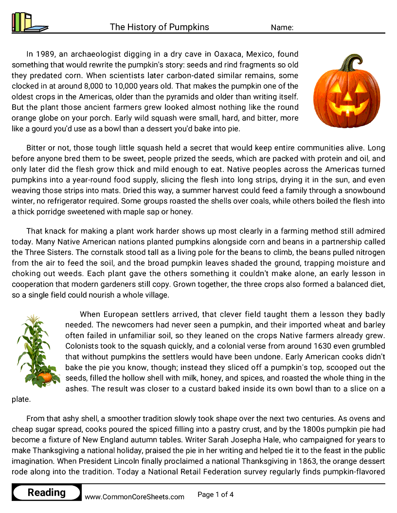 8th Grade 31 Days of Halloween Reading - The History of Pumpkins worksheet