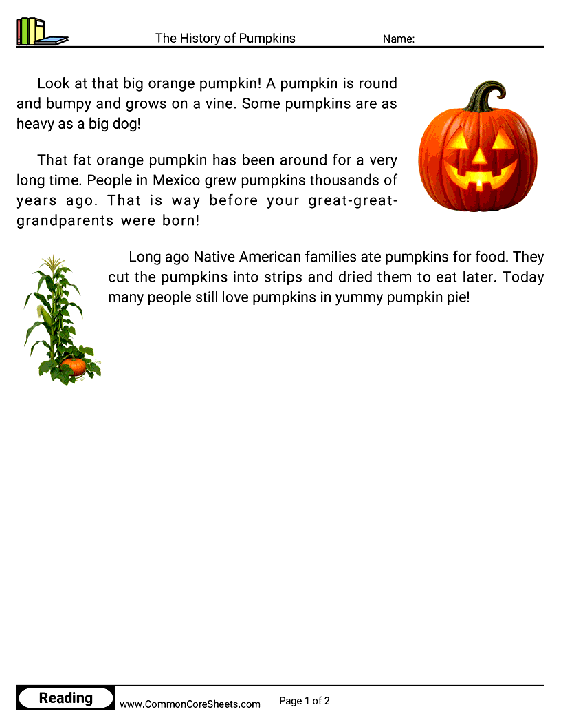Kindergarten 31 Days of Halloween Reading - The History of Pumpkins worksheet