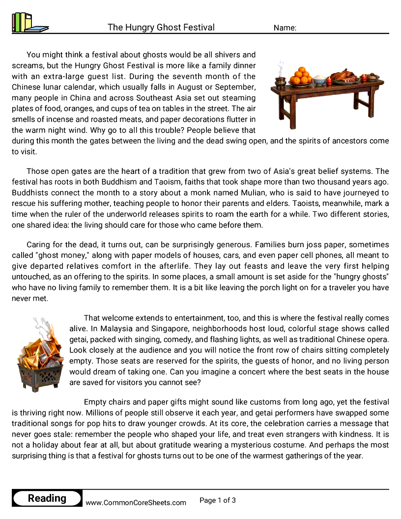 6th Grade 31 Days of Halloween Reading - The Hungry Ghost Festival worksheet