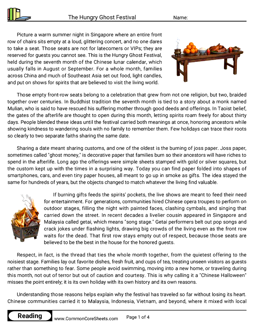 7th Grade 31 Days of Halloween Reading - The Hungry Ghost Festival worksheet