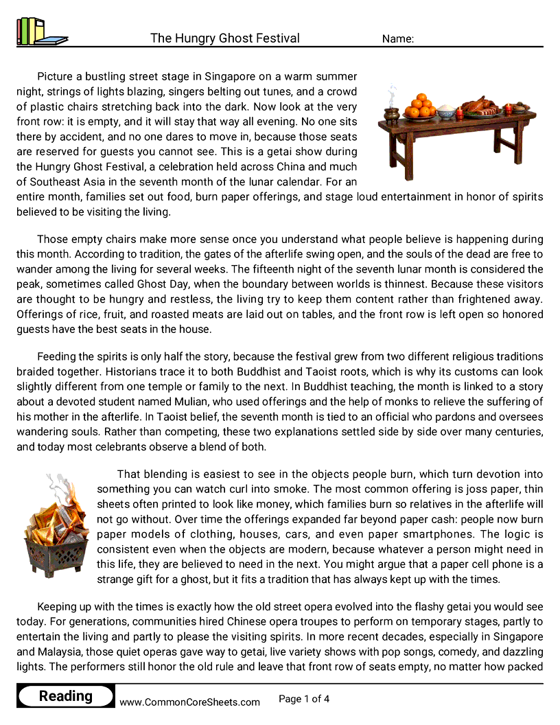 8th Grade 31 Days of Halloween Reading - The Hungry Ghost Festival worksheet