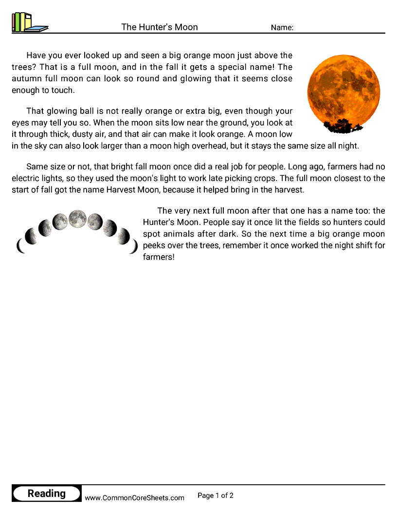 2nd Grade 31 Days of Halloween Reading - The Hunter's Moon worksheet