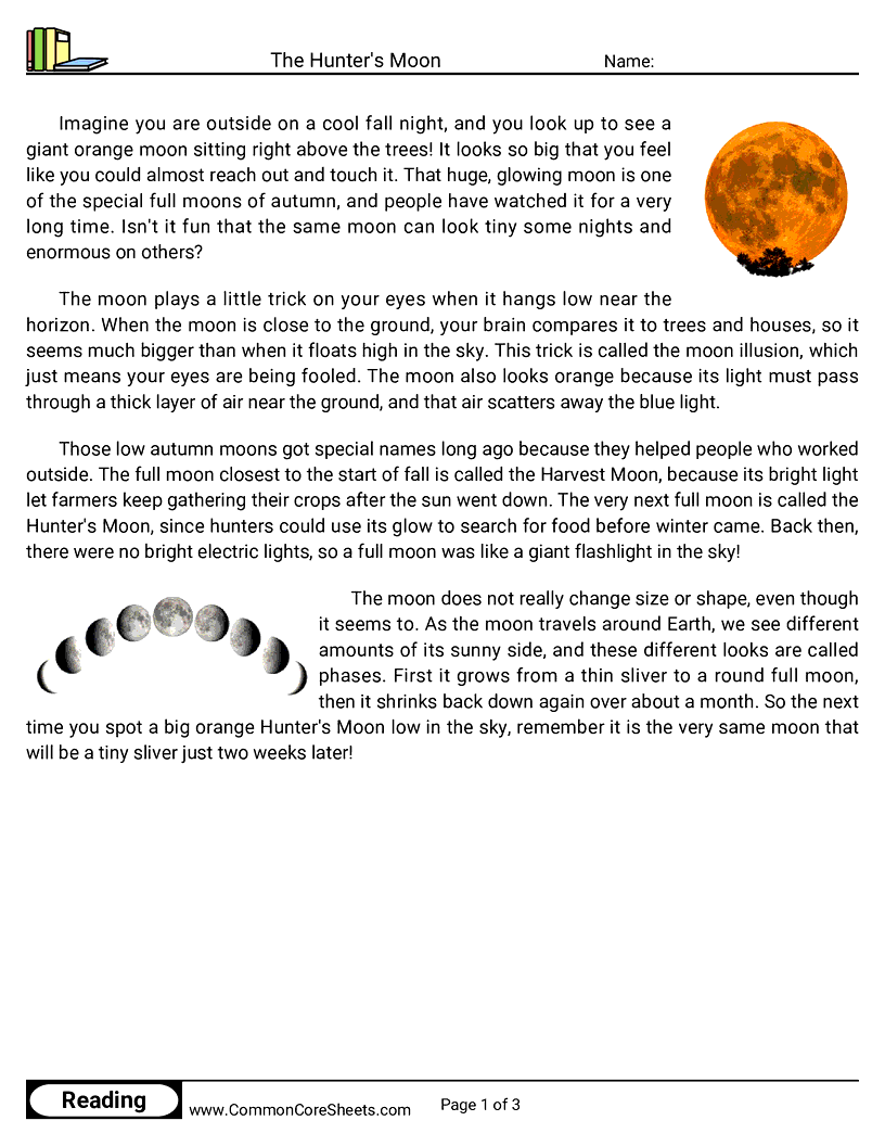 3rd Grade 31 Days of Halloween Reading - The Hunter's Moon worksheet