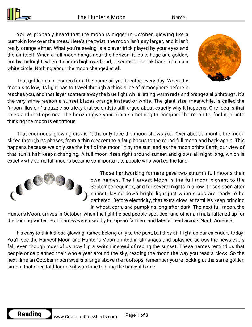 6th Grade 31 Days of Halloween Reading - The Hunter's Moon worksheet