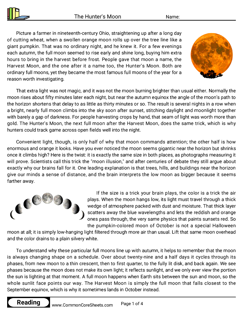 8th Grade 31 Days of Halloween Reading - The Hunter's Moon worksheet