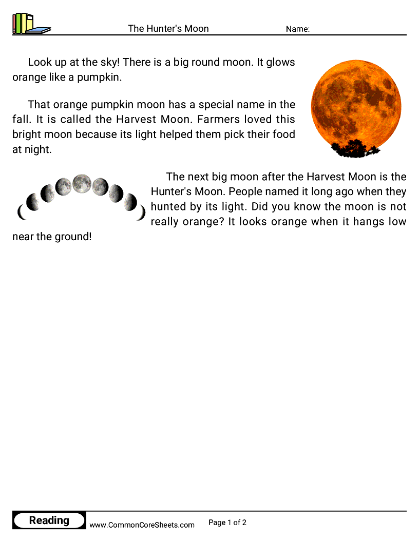 Kindergarten 31 Days of Halloween Reading - The Hunter's Moon worksheet