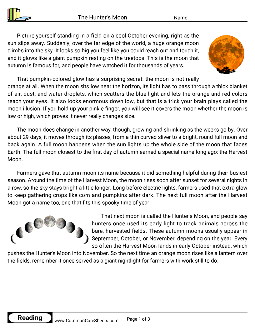 31 Days of Halloween Reading - The Hunter's Moon worksheet